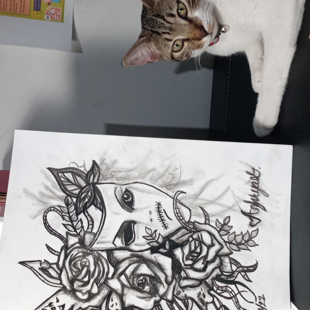 Mask and Roses charcoal sketch